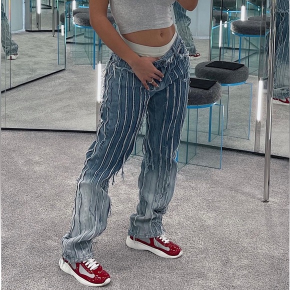 Christmas Red Plaid Printed Ripped Baggy Jeans main image 1